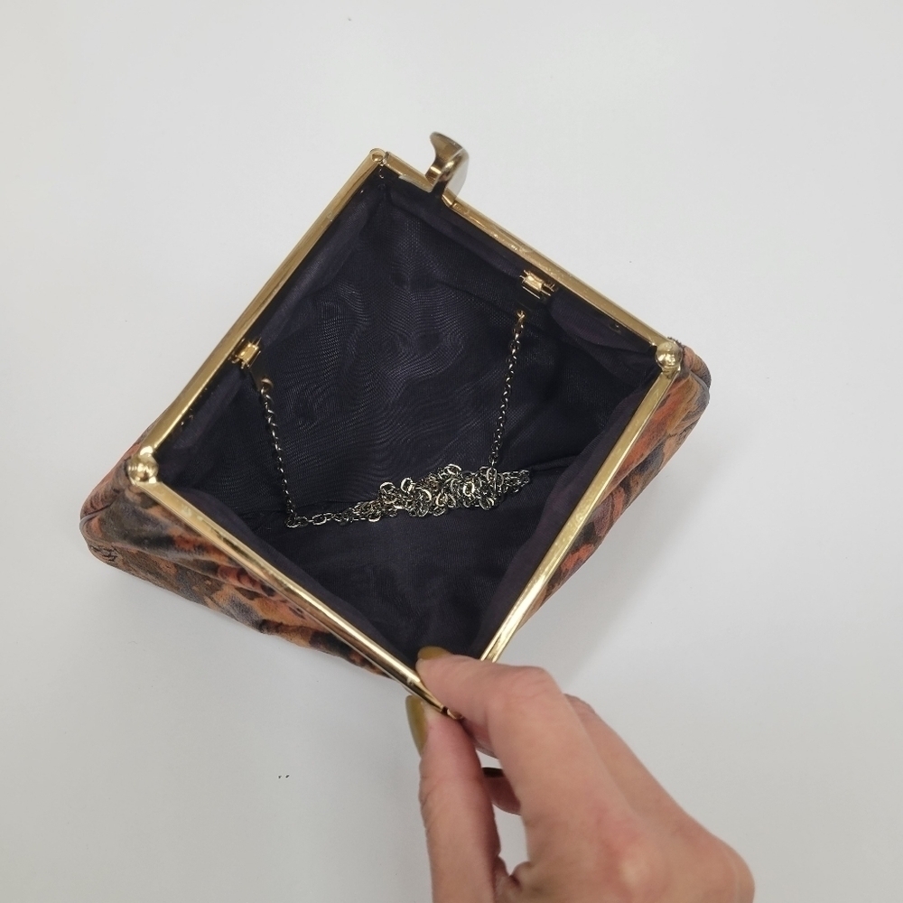 VTG Floral Fabric Unique Opening Bag Clutch Brown Orange Black Flora Gold Strap - Picture 14 of 17
